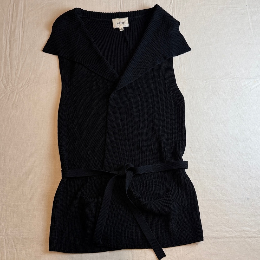 Wilfred Women's Black Ribbed Sweater Vest Tie Belt Front Pockets Size XS